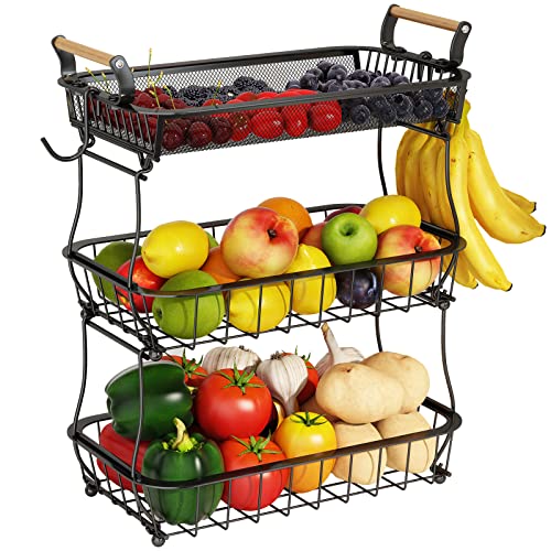 3 Tier Fruit Basket with 2 Banana Hangers (Black (3 Tier with Banana Hangers - Mesh Top))