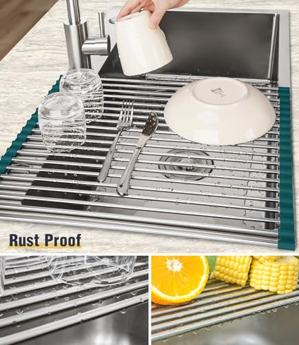 Roll Up Dish Drying Rack Over Sink (Dark Green / 17.7 x 15.5 in)