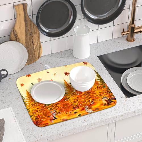 Autumn Drying Matt Kitchen Counter Small Absorbent Coffee Mat Fall Forest Microfiber Drying Mat for Holiday Decor (Autumn Forest Yellow / 18" x 16")