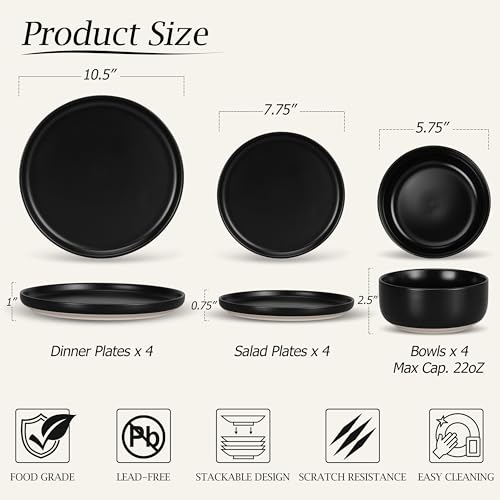 Stoneware Dinnerware Sets for 4 (Charcoal Black)