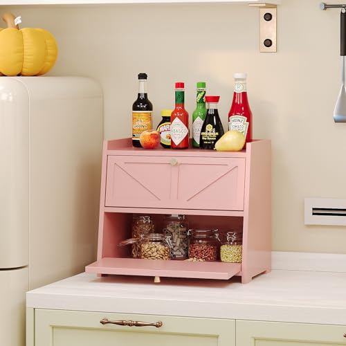 Vintage Double Layer Bread Box for Kitchen Counter Bamboo Bread Storage Container Large Capacity Bread Storage Bin (Pink)