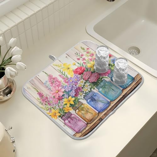 Spring Floral Jars Rustic Dish Drying Mat for Kitchen Counter Absorbent Microfiber Small Drying Pad Flowers Dish Mats for Kitchen Countertops 16 x 18 Inch (18" x 16")
