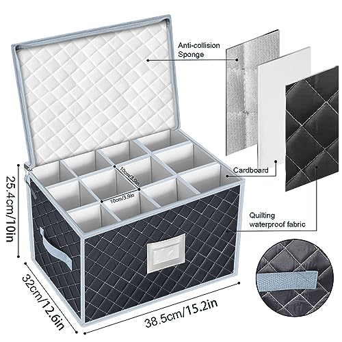 Wine Glass Storage Box with Dividers Holds 24 Stemware Storage Cases or China Crystal Glassware Containers with Handles and Lable Window (Gray / 2 Pack Wine Glass Storage (Gray))
