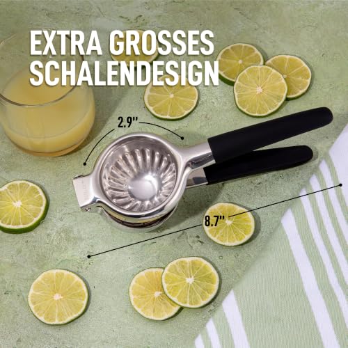Zulay Lemon Squeezer Stainless Steel with Premium Heavy Duty Solid Metal Squeezer Bowl (Black Grip / Large)