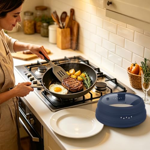 Microwave Splatter Cover Glass Guard Lid with Collapsible Silicone for Food Pot Plate Cover 9.8 inch Dark Blue (DARK BLUE / 9.8 inch)