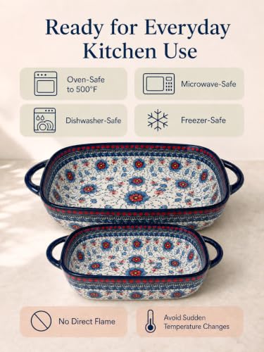 2-Piece Hand-Painted Polish Pottery Style Ceramic Baking Dish Set (Blue Lace)