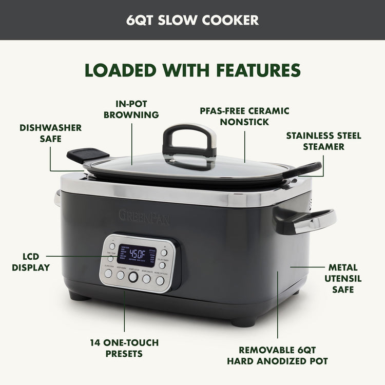 Elite 14-in-1 Nonstick 6QT Electric Slow Cooker, PFAS-Free Ceramic Multi-Cooker, In-Pot Browning, Dishwasher Safe Lid & Removable Crock, Stainless Steel Steamer, Silicone Handles, Graphite (6 Quarts / Graphite)