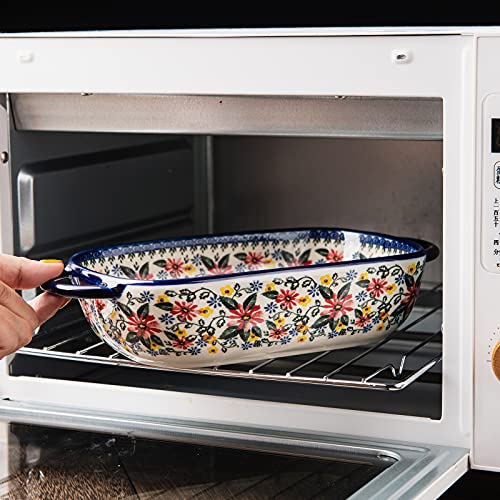 Baking Dish Ceramic Baking Pan Blue Casserole Dish Rectangular Baking Set 2pcs Bakeware Sets Single Serving Size Lasagna Pan Baking Dishes for oven (Exotic Daisy)