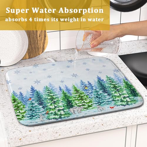 Winter Forest Dish Drying Pad for Kitchen Counter Green 18 X 16 In (Forest Bear Bird / 18" x 16")