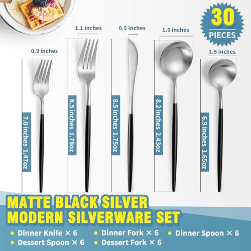 Matte Black Silver Silverware Set for 6 (Black/Silver / 30 Pieces Set)