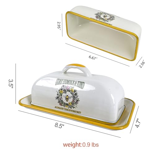 Enamel Butter Dish with Lid Vintage Enamelware Butter Keeper with Flower and Bee Patterns Farmhouse Butter holder Butter container for Kitchen Decor (YellowBee)