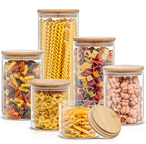 Borosilicate Glass Jars With Bamboo Lids. 6 Pc Set of Air Tight Sealable Containers. Food Jar Canisters with Airtight Lid for Pantry Storage and Kitchen Organization (Bamboo Covers)