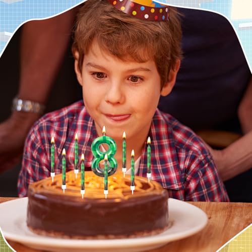 13 Pcs Dynamite Candles 12 TNT Themed Birthday Cake Candles and Number 8 Candle Cake Topper for Pixel Theme Birthday Party Anniversary Party Dynamite Theme Party Video Game Party Supplies (Green+Brown / 8)