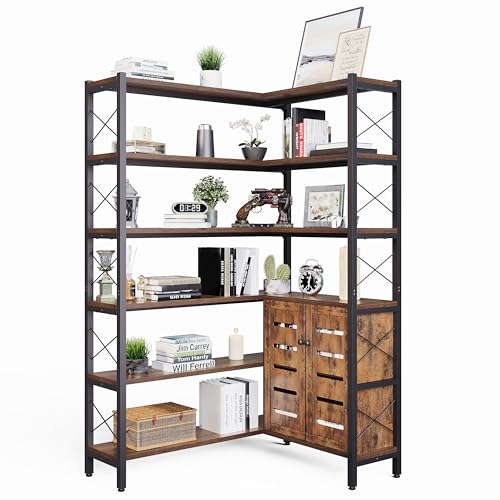 Corner Bookshelves and Bookcases Industrial Corner Etagere Bookcase L Shaped Shelf 6 Tiers with Metal Frame for Living Room Home Office (Industrial Brown / Small)