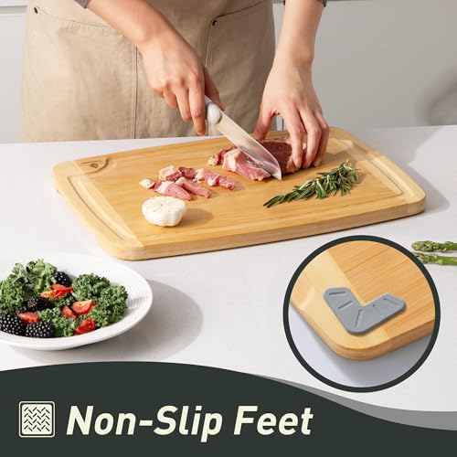 Bamboo Cutting Board Set Non Slip Feet with Holder Over Sink Men Birthday Christmas Valentines Father Day Gifts Ideal from Wife Romantic Anniversary Best Cool Gadget Awesome Who Have Everything (4 Pack with Holder / Two-Tone Bamboo)