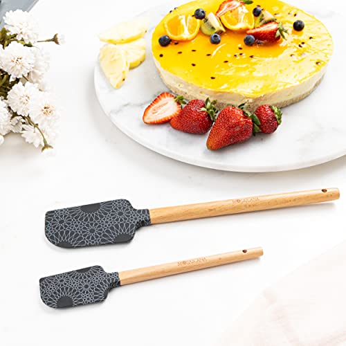 Silicone Spatula set of 2 with wooden handle and stunning pattern (Black)