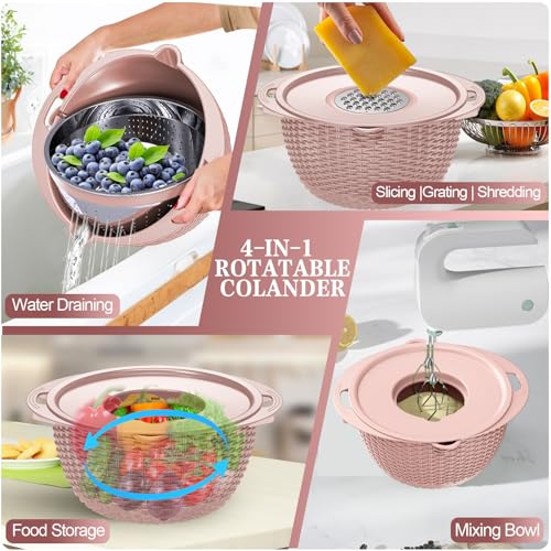 4 1 Strainer Bowl with Lid Set (Pink)
