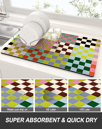 Dish Drying Mat for Kitchen Counter (Colorful Chessboard / 15" x 24")