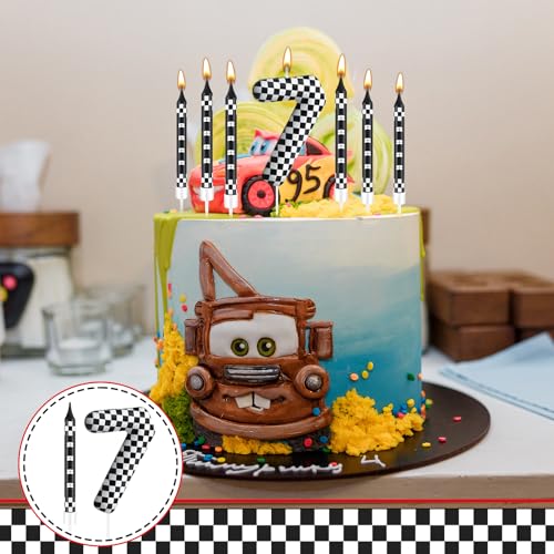 13 Pcs Racing Cars Themed Birthday Candles Black and White Race Number 7 Checkered Candle Cake Topper for Racing Car Party Decoration Supplies (Black+White / 7)