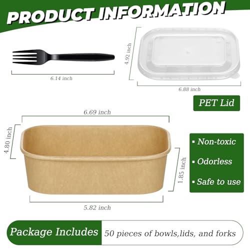 50 Disposable Meal Prep Containers 19oz Kraft Paper Bowls with Lids & Forks (19oz 50 Count / kraft Paper Rectangular)