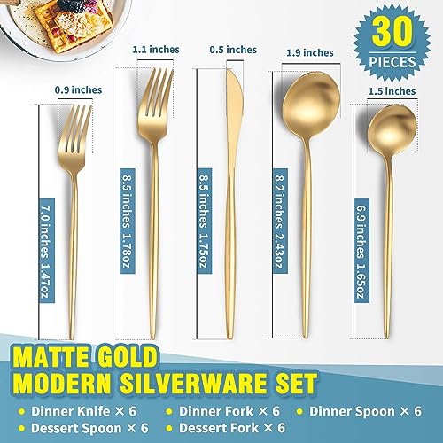 Matte Gold Silverware Set for 6 (Gold / 30 Pieces Set)