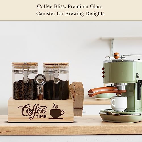 Glass Coffee Canister Set with Shelf & Spoon 2 Piece Coffee Containers for Coffee Bean Storage Airtight Seal (Coffee Jar x 2 & Shelf)
