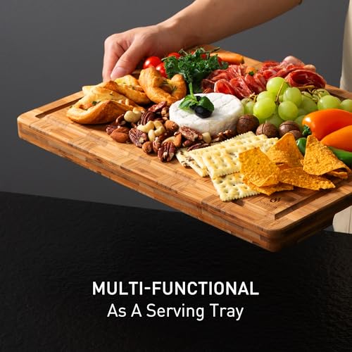 3 Pack Heavy Duty Bamboo Cutting Board Set Non Toxic Wooden Cutting Board for Kitchen Non Slip Solid End Grain Thick Wood Juice Groove Chopping Board Extra Large Butcher Block Best House Warming Gift (Multiple Sizes (Set of 3))