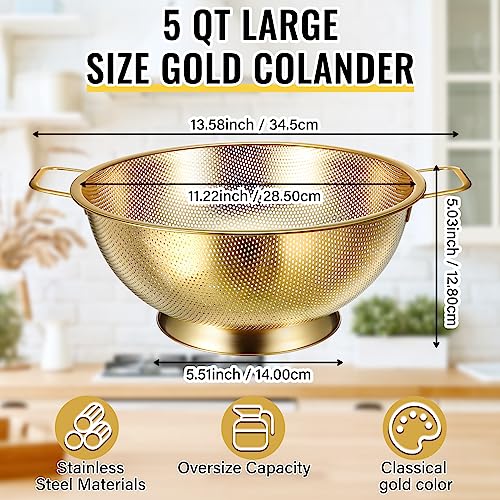 5 Quart Gold Colander and 3 Metal Fine Mesh Strainer Set (5 Quart / Gold)