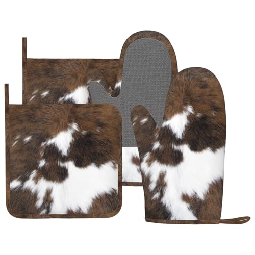 Cow Print Oven Mitts and Pot Holders Set of 4 Silicone Brown Cowhide Kitchen Mitten Gloves and Non (Brown)
