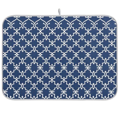 Super Absorbent Dish Drying Mat Microfiber Fast (Navy Blue Moroccan / 18" x 24")