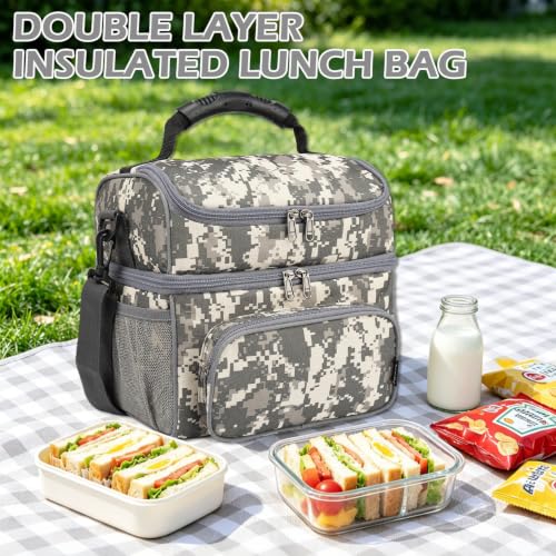Double Layer Cooler Insulated Lunch Bag Adult Lunch Box Large Tote Bag for Men (Digital Camo)
