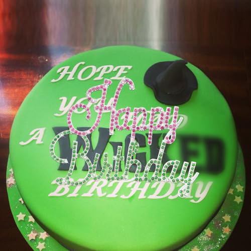 Happy Birthday Cake Topper Pink & Green Rhinestones Witch MovieThemed Cake Topper for Birthday Party Decorations (Happy Birthday- Pink Green)