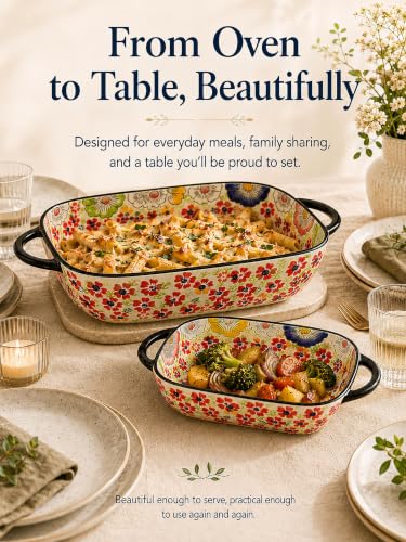 2-Piece Hand-Painted Polish Pottery Style Ceramic Baking Dish Set (Coral Confetti)