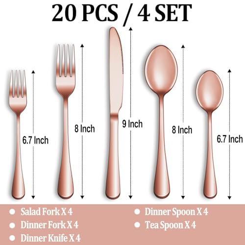 20 Pcs Rose Gold Silverware Set Service for 4 (Rose Gold)