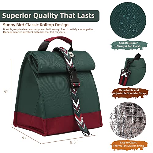 Insulated Lunch Bag Rolltop Lunch Box (Green with Boho strap)