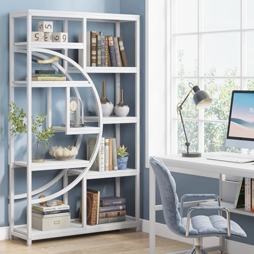 Industrial Bookshelf Bookcase with 9 Open Shelf (White)