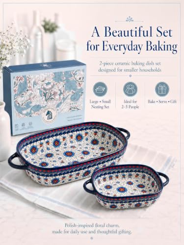 2-Piece Hand-Painted Polish Pottery Style Ceramic Baking Dish Set (Blue Lace)