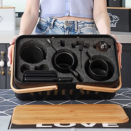 Pour Over Coffee Maker Set Coffee Kettle Scale Ceramic Server Ceramic Dripping Cup Bean Grinder Filter Paper Ceramic Cup ALL in 1 Portable Metal Box for Traveling (black)