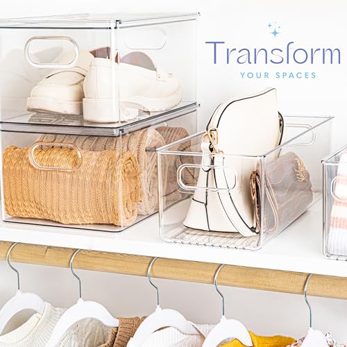 Plastic Food Storage 6 Pack Clear Container Bin with Handles for Organizing Kitchen (14x6x5)