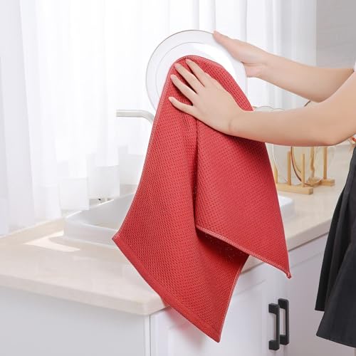 100% Cotton Waffle Weave Kitchen Dish Towels 4 (Brick Red / 13 X 28 - 4 Pack)