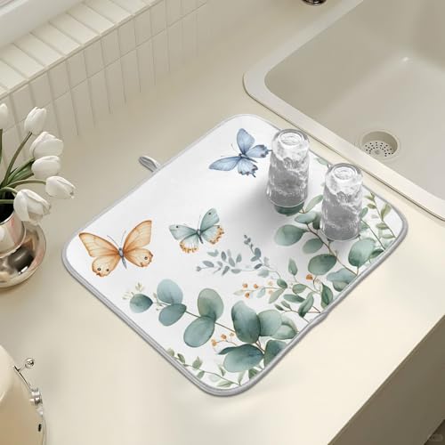 Spring Eucalyptus Green Leaf Dish Drying Mat for Kitchen Counter Absorbent Microfiber Large Drying Pad Dish mats for Kitchen Countertops 18 x 24 Inch (Green Leaf / 24" x 18")