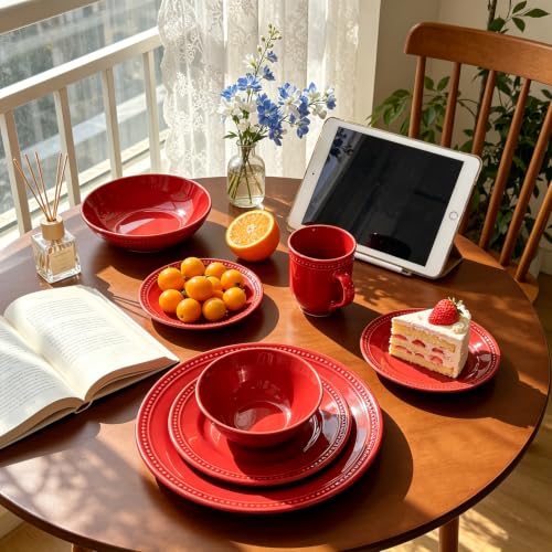HomeVSS 20 Piece Pearl Dots Stoneware Dinnerware Set (Red)