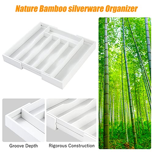White Silverware Organizer Kitchen Drawer Organizer Expandable Bamboo Utensil Holder Cutlery Tray for Kitchen Utensil and Flatware Bedroom Office (White / 7 Slots Expandable)