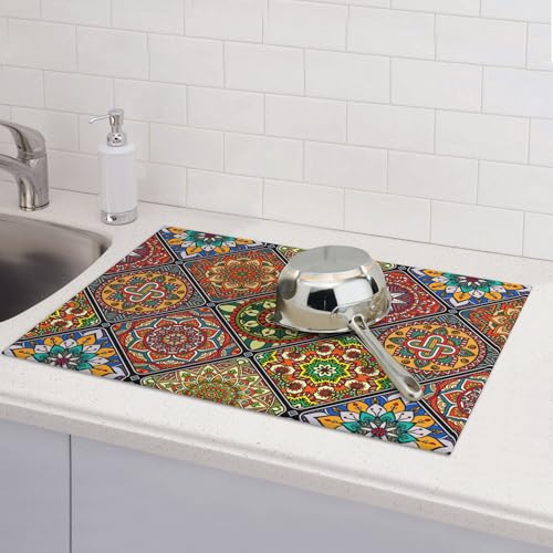 Retro Dish Drying Mat for Kitchen Counter Mandala Colorful Dish Drainer Rack Mats Boho Decor Washable Absorbent Reversible Microfiber Drying Pad Kitchen Accessories 18"x24" (Mandala / 18" x 24")