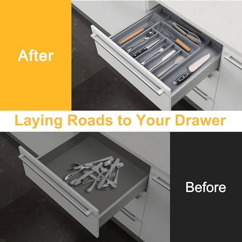 Large Premium Bamboo Silverware Organizer (9 Slots Expandable / Grey)