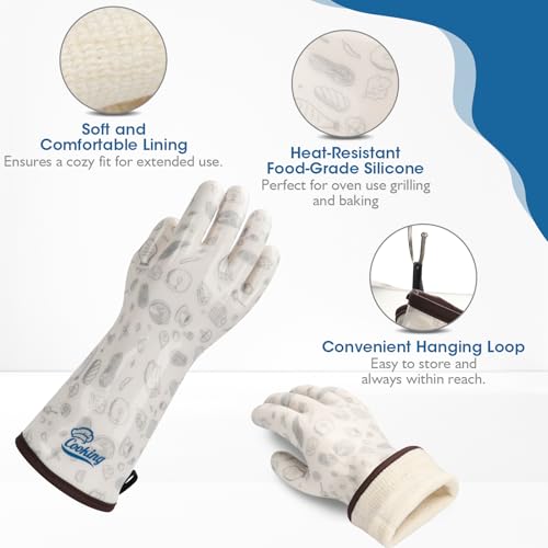 Oven Gloves with Fingers Heat Resistant Waterproof Long Sleeve for Cooking Grilling Baking Barbecue in Kitchen for Men & Women White Medium (Medium)