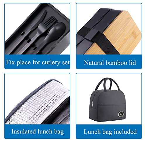 Japanese Bamboo Bento Box with Compartments and Utensils Stackable Lunch Box Includes Lunch Bag for Meal Prep Black (Black / 42 OZ)
