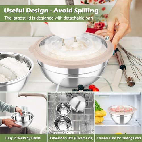 Mixing Bowls 3PCS Stainless Steel Serving Salad Bowls (Khaki / Transparent Airtight Lids)