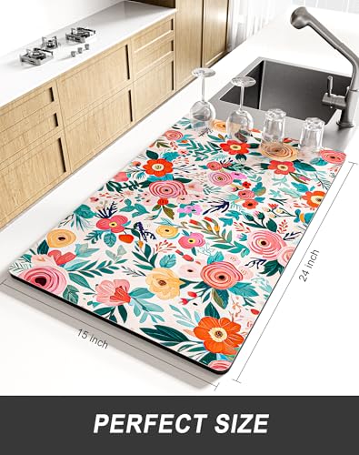 Dish Drying Mat for Kitchen Counter (Colorful Floral / 15" x 24")