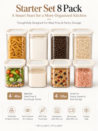 8 Pack Square Glass Pantry Storage Containers with Glass Lids (40oz x 4 + 53oz x 4)